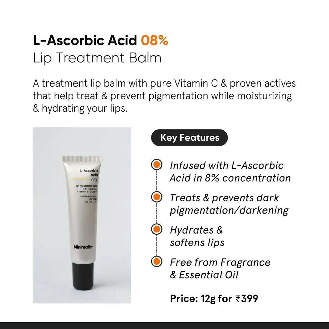 Minimalist 8% L-Ascorbic Acid Lip Treatment Balm with Vitamin E, Radianskin & Gylcerine for pigmented & dark lips
