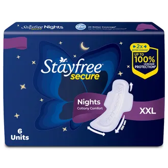 Stayfree Secure Nights Cottony Soft Comfort Sanitary Pad XXL, 6 Count