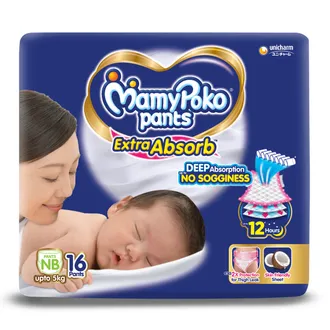 MamyPoko Extra Absorb Diaper Pants New Born, 16 Count
