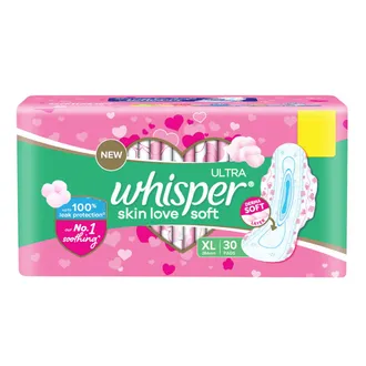  Whisper Ultra Skin Love Soft Sanitary Pads for Women XL, 30 Count