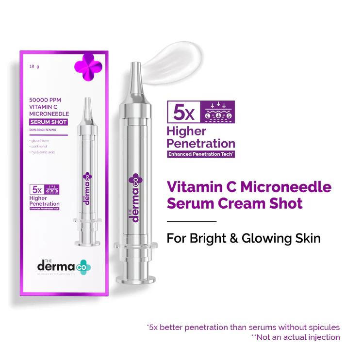 50000 PPM Vitamin C Microneedle Serum Shot with Glutathione, Panthenol & Hyaluronic Acid for Bright & Revitalized Skin - 10 g