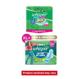 Whisper Ultra Upto No Gap No Leaks Sanitary Pads XL+, 15 Count